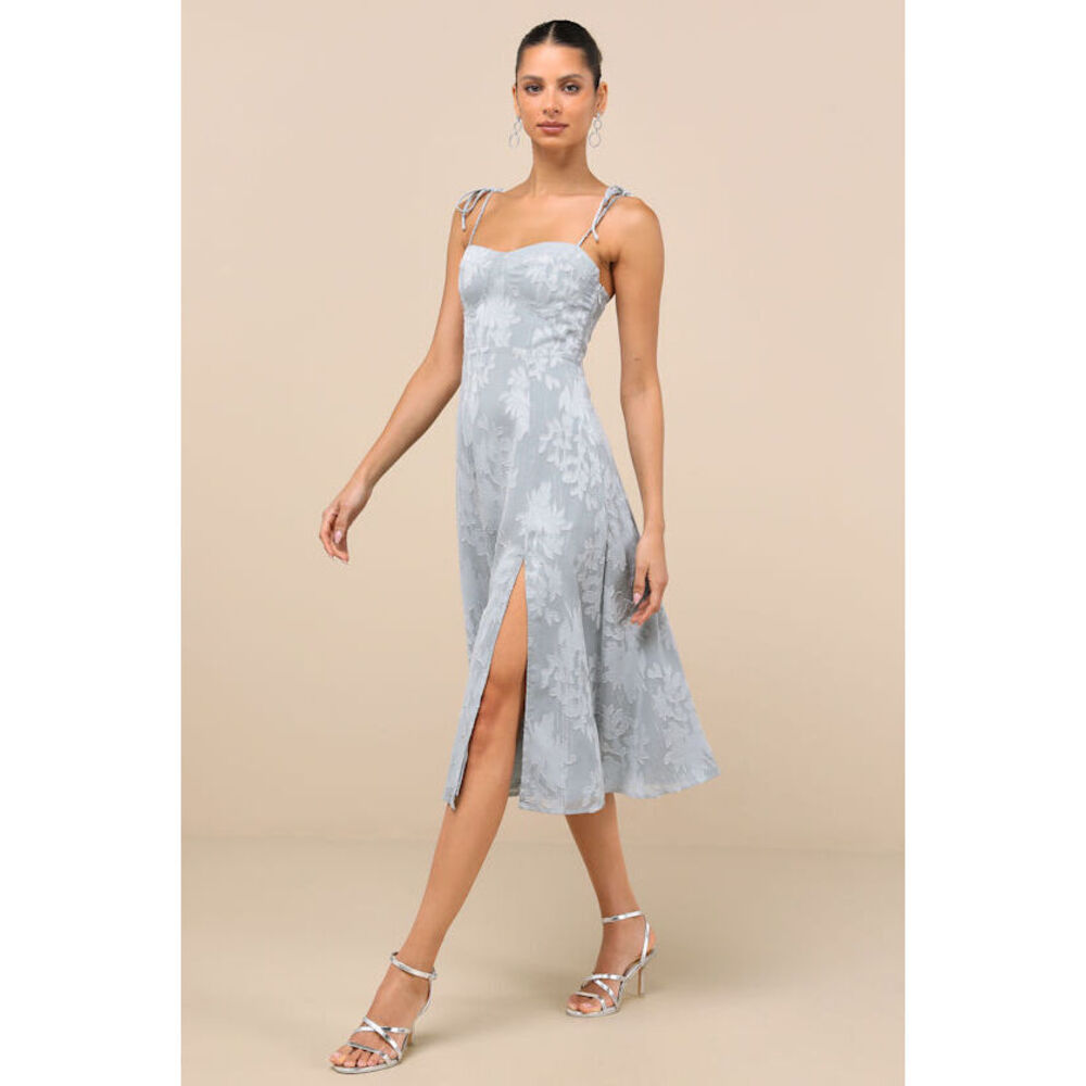 Lulus Loveliest Looks Dusty Blue Floral Jacquard Tie-strap Midi Dress - Size M